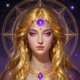portrait of a gallent indian goddess with glowing purple third eye chakra and golden hair, geometric third eye triangle, sci - fi face, sacred geometry mandal background, breathtaking stars, elegant, highly detailed, digital painting, artstation, concept art, smooth, sharp focus, spiritual art, art by artgerm and greg rutkowski and alphonse mucha, psychedelic