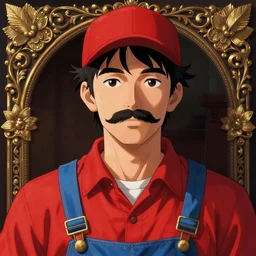 a portrait of a man with a mustache wearing a red shirt, blue overalls, and a red cap, art by bayard wu, anime, digital illustration, ornate details,