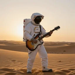 single astronaut playing an electric guitar in the desert during sunset, golden hour, cover art