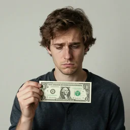 portrait of sad man holding out his last dollar trending on artstation
