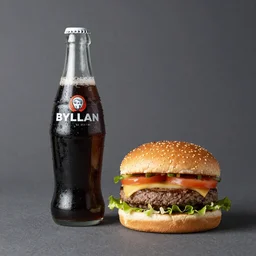 studio photograph bottle boylan soda and a hamburger