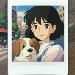 a polaroid full body portrait of a disney 1 9 5 0's girl with her dog, finely detailed features, closeup at the faces, perfect art details, in a city, sun, gapmoe, yandere, trending on pixiv fanbox, painted by ( ilya kushinov ) makoto shinkai takashi takeuchi studio ghibli akihiko yoshida