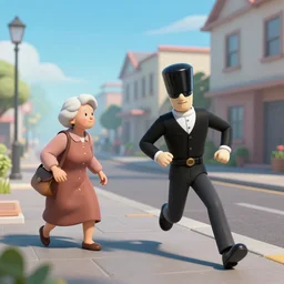 Aphex Twin chasing an old lady down the street, sunny day,