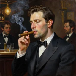 beautiful oil matte portrait painting, man in a suit smoking a cigar outside a shady bar in new york, detailed faces, wonderful masterpiece, highly detailed, beautiful cinematic light, deep focus, elegant, smooth, sharp focus, golden ratio, dramatic illumination, ultra realistic, 8 k, art by greg rutkowski, gaston bussiere and caravaggio