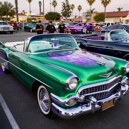 full view of an emerald metallic green colored 1 9 5 9 cadillac eldorado convertible low rider with grim reaper airbrushed on the hood over a cosmic background, iridescent glossy clear coat, shiny chrome body and rims, purple neon under car, white furry interior, furry purple dice hanging from rear view mirrored, parked at a car club meeting in los angeles, california with a couple of chicanos hanging out, hyper realistic, ultra detailed, sharp focus, 8 k, hdr, masterpiece, artstation feature
