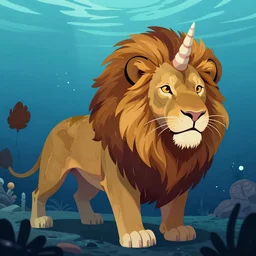 an underwater lion with unicorn horn, digital art, art station