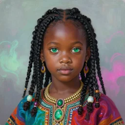 a neoclassical portrait painting of a cute little African girl with a beautiful braid and dreamy emerald eyes, wearing traditional attire and beautiful ornaments, vibrant neon fogs and light in the bokeh background, 85mm, photorealistic, painting, smooth, well focused, volumetric soft lighting, Afrofuturism style, artstation HD, 8K
