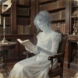 long shot, 1 9 th century photography, torn photo of an eerie see - through ghost of a victorian woman reading in a chair, in well - lit art nouveau library room, photorealistic, 8 k