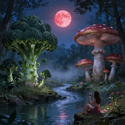 giant broccoli and enormous mushroom as tall as trees, enchanted forest. Calm river running in the middle. Full red moon. Blue and foggy midnight ambient. Women drinking wine on the shore
