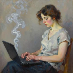 an impressionist oil painting of a woman typing the laptop so hard that smoke is coming out of the body