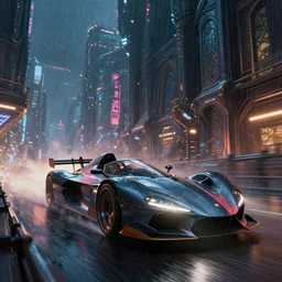 a futuristic high speed chase down a blade runner looking city, dim neon lights, lens flare, epic, night life, heavy rain, deep focus, d & d, fantasy, intricate, elegant, highly detailed, digital painting, artstation, concept art, matte, sharp focus, illustration, hearthstone, art by artgerm and greg rutkowski and alphonse mucha