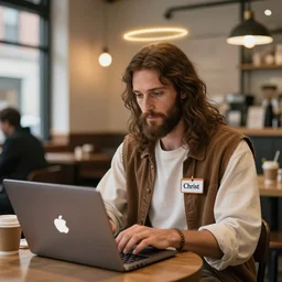 a highly realistic photo of hipster Jesus using his macbook in a modern coffee shop in New York, Jesus has a halo and is wearing a nametag that says 'Christ', hyperdetailed, artstation, digital art, photorealism, accurate, 8k,