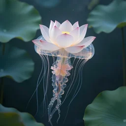 lotus flower swimming underwater like a jellyfish, transperent jellyfish head covers with lotus flower, leaves as tentacles, photographic, cinematic, photorealistic, volumetric lighting, detailed, smooth, artstation, octane render, wolp