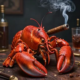 Mobster lobster smoking a cigar, 8k octane rendered, photo realistic, highly detailed, intricate