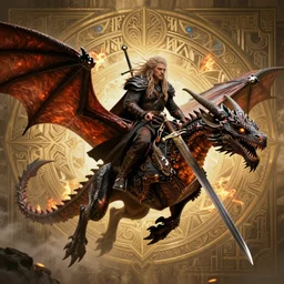 powerful khal drogo ( jason momoa ) riding a flying dragon, intricate art deco dragon, elegant, highly detailed burning background, sword, sharp focus, game of thrones art by artgerm and beeple and greg rutkowski and wlop
