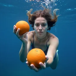 rigorous underwater photography, deep depth of field by dorina costras. a sculpture of a young woman holding an orange