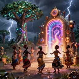 african women dancing around a glowing, energized, steampunk neon portal near the electric dragontree of life in a lightning storm, by greg rutkowski, justin bua. oil on canvas, afropunk!!, afrofuturism, detailed and intricate environment, global illumination, radiant lighting. highly detailed. masterpiece