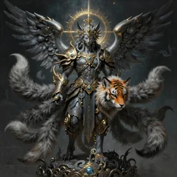 dark seraph bitter sweet beautiful painting insiperd by the mythical dimentionalaangelic beast with advanced neo solar punk battle tools in the classics chinese book 山 海 经, animal concept design : 九 尾 狐, 狐 狸, 虎 头, high detail, religion light, grey blue and gold and dark scheme, by emil melmoth, craig mullins, greg rutkowski, fenghua zhong, pete morbacher, religion light, khaki and gold and dark scheme, artstation, ultra detailed