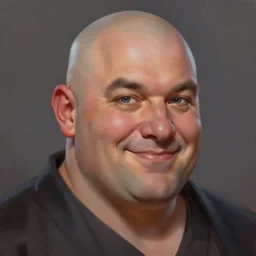a head - on detailed oil portrait of a round - faced bald male martial artist with a friendly smile, by charlie bowater, lise deharme, wlop, trending on artstation, dungeon and dragons art, critical role