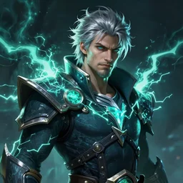 A striking hyper real portrait painting of hexblade warlock, teal electricity, male, shaggy silver hair, short beard, 4k, 8k, Apex Legends Concept Art, D&D Concept Art, unreal 5, DAZ, hyperrealistic, octane render, cosplay, RPG portrait, dynamic lighting