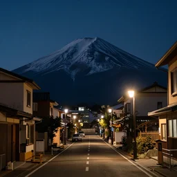 award winning nighttime photograph of mount fuji seen from far in the distance at night, seen from the street of a quiet japanese town, fujifilm