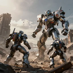 armored core mechas battle for the ruins of san francisco, cinematic lighting, wide lens, particles, bokeh, octane render, volumetric light, smoke