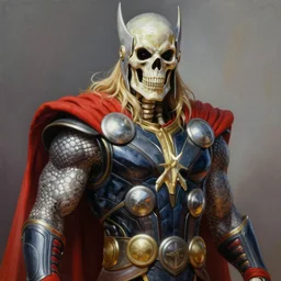 ultra realistic portrait painting of skeletor as thor, art by frank frazetta, 4 k, ultra realistic, highly detailed, epic lighting