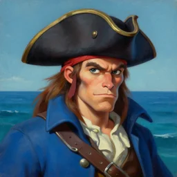 portrait of guybrush threepwood from monkey island video game, triangular pirate hat, blue coat, highly detailed, at sea, looking smug, stylized, smooth, oil painting by greg hildebrandt, tim hildebrandt, artgerm, character portrait, dynamic lighting