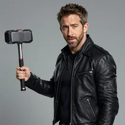high quality portrait of ryan reynolds in a black leather jacket catching thor's hammer