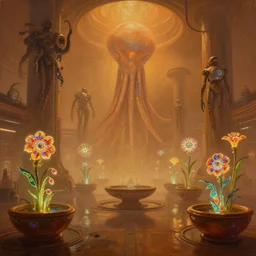 dramatic perspective a minimalist bioluminescent oil painting by donato giancola, chriss foss, warm coloured, cinematic scifi luxurious futuristic foggy steam filled spaceport with giant cephalopod cyborgs with microscopy stained glass flowers growing out of pretty bulbous ceramic fountains, gigantic pillars and flowers, maschinen krieger, beeple, the matrix, star wars, ilm, star citizen, mass effect, artstation, atmospheric perspective