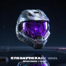 cyberpunk halo helmet purple star visor floating in space with reflections, epic, dramatic, photorealistic, award winning, 8k,