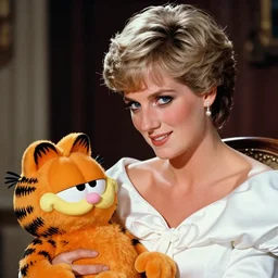 a photo of Princess Diana meeting comic character Garfield the cat, 1990s, Jim Davis
