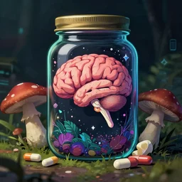awesome logo on jar of a brain and mushroom and pills with dark techno. synthwave colours, in the style of spirited away, hyperrealism, art by satoshi kon, lush detail, award winning, trending on artstation