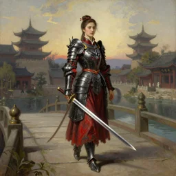 woman in dark and red princess dragon armor, she is holding a katana sword, walking on an ancient bridge next toa waterway. by william henry hunt