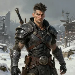 A comic book style portrait painting of a male post apocalyptic punk warrior in a winter landscape, unreal 5, DAZ, hyperrealistic, octane render, RPG portrait, ambient light, dynamic lighting