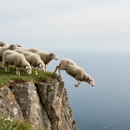“sheep, following other sheep, jumping off a cliff”