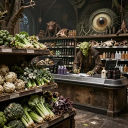 lord of the rings Orc supermarket in Mordor, shelves of mouldy vegetables, dark coloured toiletries and animal body parts, eye of Sauron working on each checkout, 8k render n- 10