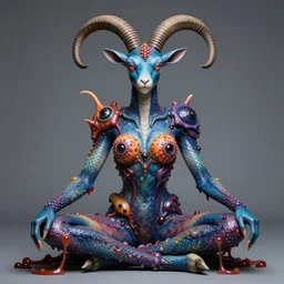 a portrait photograph of a meditating fierce colorful harpy antilope super villian queen with slimy amphibian scaled blue skin. her body is partially transformed into a beast. she is wearing an organic catsuit. by donato giancola, hans holbein, walton ford, gaston bussiere, peter mohrbacher and brian froud. 8 k, cgsociety, fashion editorial