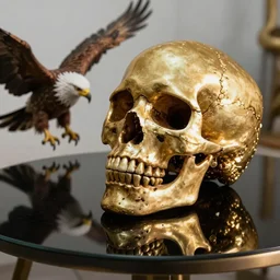 golden shining skull on a black glass table with reflection and a deagle on the left, unreal 5, hyperrealistic, octane render, cosplay, dynamic lighting, highly detailed, cinematic landscape