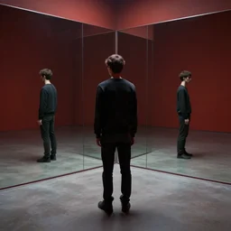 dark matter red art house future alone man going limbo hipper octane reflection in the mirror room schizophrenia and stratification of consciousness mind man full HD 8K resolution