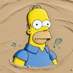 portrait of a Homer Simpson made from sand and shattered glass