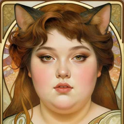 hyper-realistic detailed face portrait of attractive overweight, plus-sized model cat girl by Alphonse Mucha, Ayami Kojima, Amano, Charlie Bowater, Karol Bak, Greg Hildebrandt, Jean Delville, and Mark Brooks, Art Nouveau, Neo-Gothic, gothic, rich deep colors