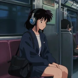 film still from a 2000s anime movie, girl with headphones sits on train, moody lighting