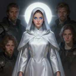 character concept portrait, centralized, jessica lowndes as a cleric in silver robes, shirt, dress, hood, glowing blue eyes, white holy aura, style digital painting, concept art, smooth, sharp focus, illustration, from metal gear, by ruan jia and mandy jurgens and william - adolphe bouguereau, artgerm