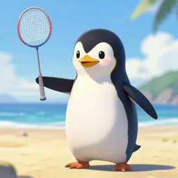beautiful portrait of a female anthropomorphic penguin fursona playing badminton. beach background. character design by disney, charlie bowater, ross tran, artgerm, and makoto shinkai, detailed, soft lighting, rendered in octane