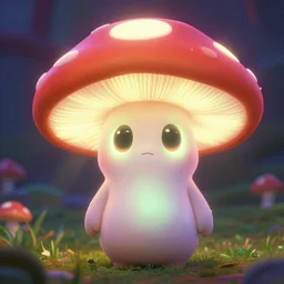 glowing mushroom character with big oval shaped eyes. sharp focus. highly detailed. cute. vibrant colors. god rays. pixar.