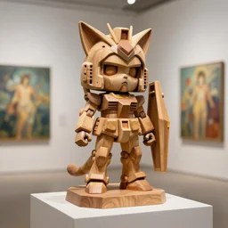 a wooden sculpture art on a pedestal a very cute mystical gundam of the bohemian with cat's ears, 3 d octane render art ultra 8 k photorealistic art hyper detailed unreal engine, concept art, trending on cgsociety art, artwork masterpiece, in a contemporary art gallery in neo paris by alphonse mucha