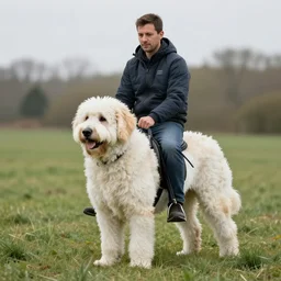 “a man riding a huge Portuguese Water Dog across a field”