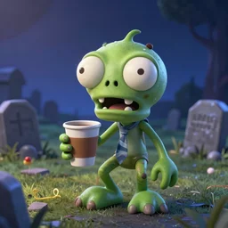 a funny zombie character like plants vs zombies with big eyes holding a cup of coffee on a cemetery at night. pixar disney 4 k 3 d render movie oscar winning trending on artstation and behance. ratatouille style.