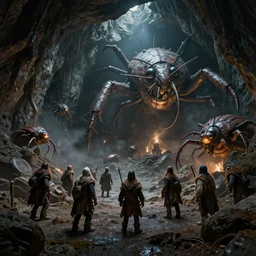danger, darkness, dwarves, cave, giant bugs, dystopian, high tech industrial, unreal, 4 k